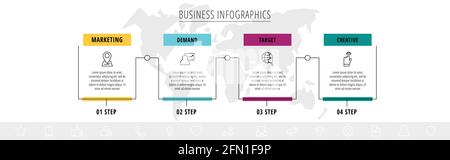 Vector line infographic template label for four colorful rectangle labels. Business concept with 6 elements and icons. Modern blank space for chart Stock Vector
