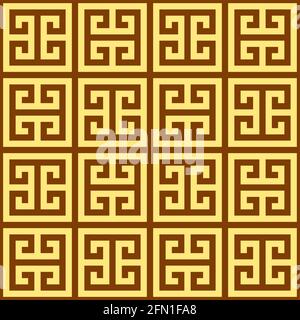 Greek key seamless vector geometric pattern inspired by ancient Greece pottery and ceramics art in brown and yellow Stock Vector