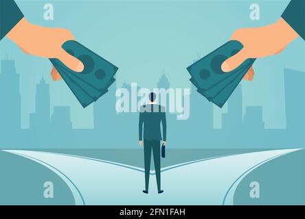 Vector of a businessman standing at cross his career being offered financial incentives Stock Vector