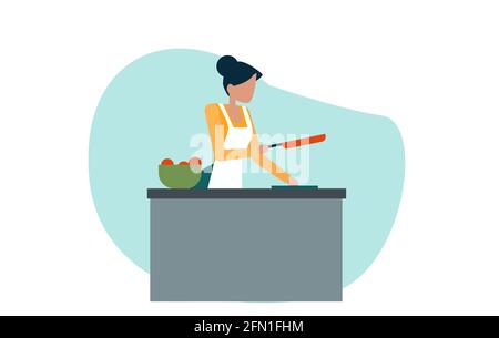 Vector of a young woman preparing food in the kitchen cutting vegetables Stock Vector