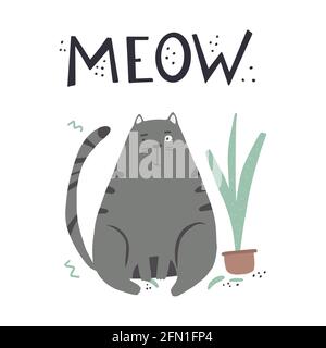 Guilty cat color flat hand drawn vector character.Quote meow handwritten letters. Cute, mischievous kitten plays with a houseplant clipart. Stock Vector