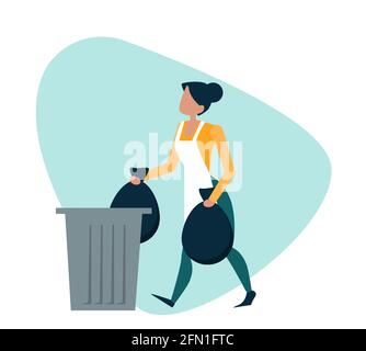 Vector of a young woman throwing away garbage into a trash bin. Stock Vector