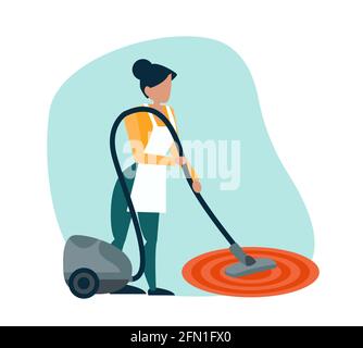 Vector of a young woman with a vacuum cleaner doing household chores Stock Vector
