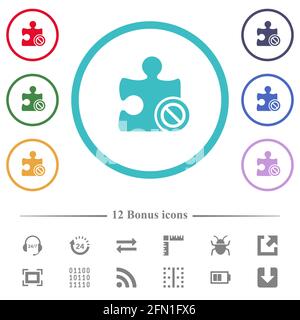 Plugin disabled flat color icons in circle shape outlines. 12 bonus icons included. Stock Vector