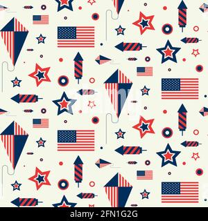 Seamless pattern with US flag, kite and firework. Texture with american symbols in flat style. Stock Vector