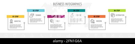 Vector line infographic template label for six colorful rectangle labels. Business concept with 6 elements and icons. Modern blank space for chart Stock Vector