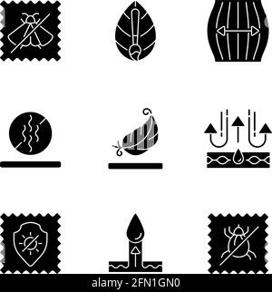 Different types of fabric feature black glyph icons set on white space Stock Vector