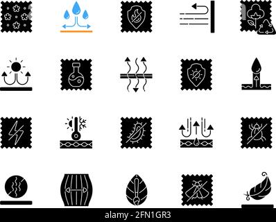 Different types of fabric feature black glyph icons set on white space Stock Vector