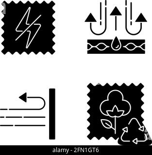 Different fabric features black glyph icons set on white space Stock Vector