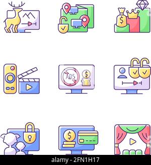Broadcasting services RGB color icons set Stock Vector
