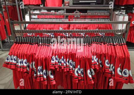 Official Manchester United Merchandise on sale at the Manchester United Megastore at Old Trafford Stadium in Manchester, UK. December 2019. Stock Photo