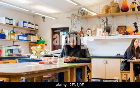 Sixth Form Students, Young people in education, two teenagers collaborating at screens, young female in 6th form art class, black female student Stock Photo