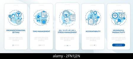 Self-management skills blue onboarding mobile app page screen with concepts Stock Vector