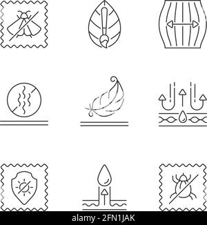 Different types of fabric feature linear icons set Stock Vector