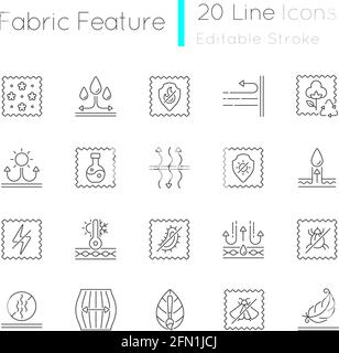 Different types of fabric feature linear icons set Stock Vector