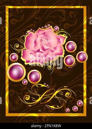 Abstract oriental frame with decorative golden ornament and a rose. Design for fashion banner, cover, save the date card, wedding or birthday party Stock Vector