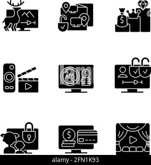Broadcasting services black glyph icons set on white space Stock Vector