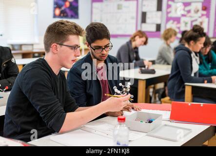 Sixth Form Students, Young people in education, two teenagers collaborating at screens, 2 young males in 6th Form working together in chemistry lesson Stock Photo