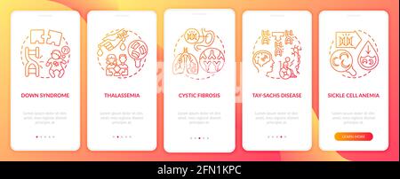 Most common genetic diseases red onboarding mobile app page screen with concepts Stock Vector