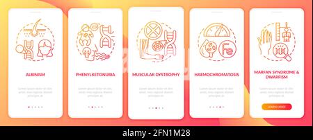 Most common genetic disorders red onboarding app page screen with concepts Stock Vector