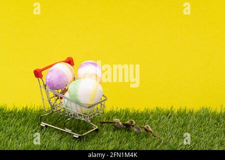 shopping basket with Easter eggs on a yellow background. willow on the grass. . high quality Stock Photo
