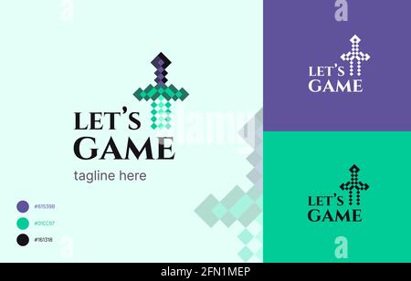 Gaming Sword logo consist from lot of pixels, 8bit, color cards, vector illustration, with Emerald elements Stock Vector