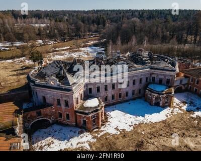 Old abandoned manor Otrada-Semenovskoye in Moscow Region, Russia, aerial view. Stock Photo