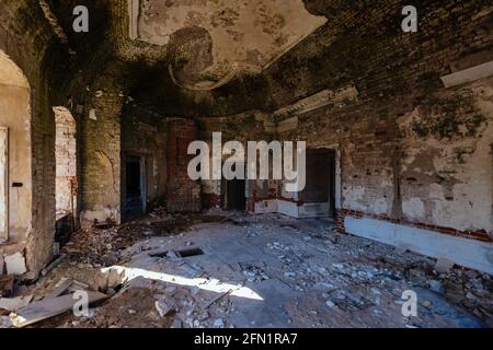 Old ruined abandoned historical mansion Otrada-Semenovskoye, inside view. Stock Photo