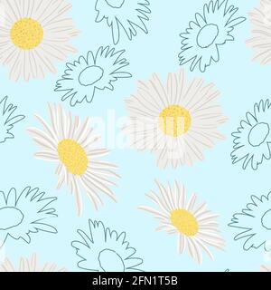 Seamless pattern with camomiles. Vector. Repeating background with white flowers and outlines. Delicate floral background for design and packaging. Stock Vector