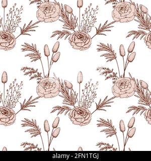 Hand drawn botany seamless pattern with roses and pampas grass. Vector illustration in sketch style. Modern floral design Stock Vector