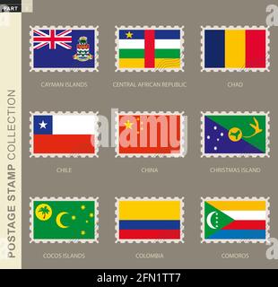 Postage stamp with flag, collection of 9 flag: Cayman Islands, Central African Republic, Chad, Chile, China, Christmas Island, Cocos Islands, Colombia Stock Vector