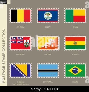 Postage stamp with flag, collection of 9 flag: Belgium, Belize, Benin, Bermuda, Bhutan, Bolivia, Bosnia and Herzegovina, Botswana, Brazil Stock Vector