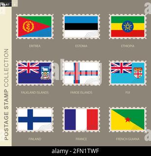 Postage stamp with flag, collection of 9 flag: Eritrea, Estonia, Ethiopia, Falkland Islands, Faroe Islands, Fiji, Finland, France, French Guiana Stock Vector