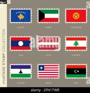 Postage stamp with flag, collection of 9 flag: Kosovo, Kuwait, Kyrgyzstan, Laos, Latvia, Lebanon, Lesotho, Liberia, Libya Stock Vector