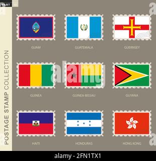 Postage stamp with flag, collection of 9 flag: Guam, Guatemala, Guernsey, Guinea, Guinea-Bissau, Guyana, Haiti, Honduras, Hong Kong Stock Vector