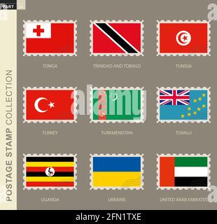 Postage stamp with flag, collection of 9 flag: Tonga, Trinidad and Tobago, Tunisia, Turkey, Turkmenistan, Tuvalu, Uganda, Ukraine, United Arab Emirate Stock Vector