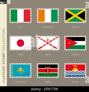 Postage stamp with flag, collection of 9 flag: Italy, Ivory coast, Jamaica, Japan, Jersey, Jordan, Kazakhstan, Kenya, Kiribati Stock Vector