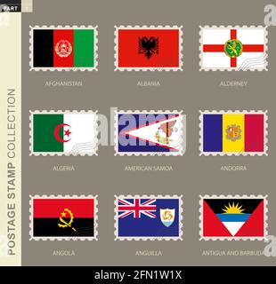 Postage stamp with flag, collection of 9 flag: Afghanistan, Albania, Alderney, Algeria, American Samoa, Andorra, Angola, Anguilla, Antigua and Barbuda Stock Vector