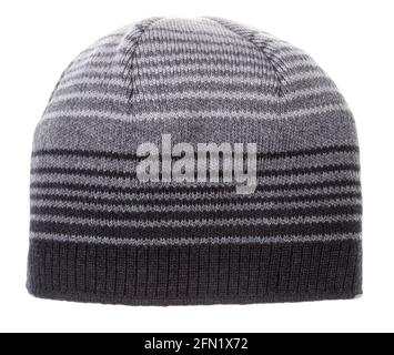 Striped gray knitted winter beanie hat isolated on white background Stock Photo