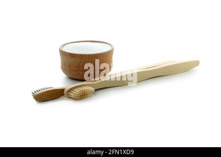 Eco friendly toothbrushes and tooth powder isolated on white background Stock Photo