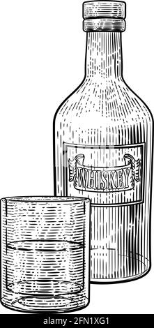 Whiskey Bottle and Glass Drink Engraving Etching Stock Vector