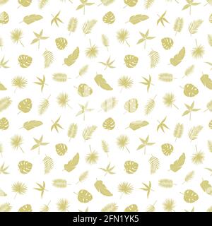 Seamless pattern of gold tropical leaves, vector illustration leafs of areca palm, philodendron, monstera, fern. Stock Vector