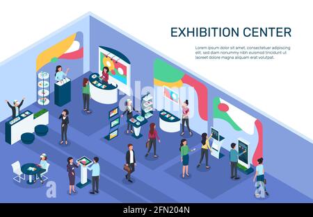 Isometric expo. Exhibition center with people, exhibit displays, stands, booths. Digital marketing, products promotion event 3d vector illustration. Retail store with showcase for advertisement Stock Vector