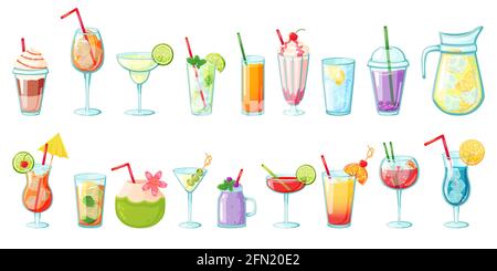Summer drinks. Non alcoholic tropical cocktails, lemonades, smoothies, fresh juices, water with ice. Cold beverages for summer party vector set. Exotic isolated drinks for refreshment Stock Vector