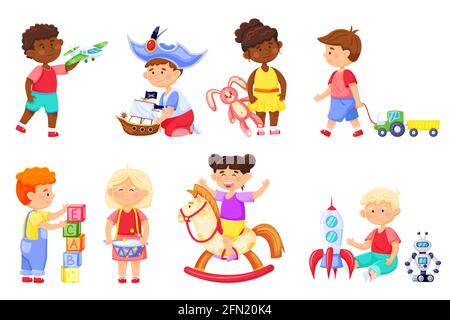 Kids playing with toys. Cartoon children play with rocket, bunny. Kindergarten girl on rocking horse. Boys and girls having fun vector set. Child riding wooden horse, playing drums Stock Vector