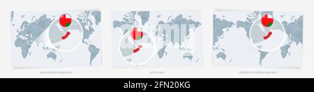 Three versions of the World Map with the enlarged map of Oman with flag. Europe, Asia, and America centered world maps. Stock Vector