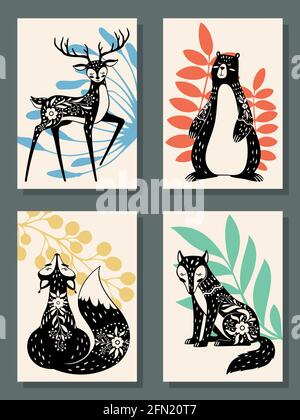 Animals posters. Scandinavian style modern forest fox, bear and wolf, deer. Scandi, finnish folk floral nordic patterns vector set. Contemporary print templates with wildlife characters Stock Vector