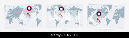Three versions of the World Map with the enlarged map of Laos with flag. Europe, Asia, and America centered world maps. Stock Vector