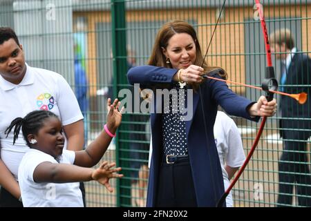 The Duchess of Cambridge at a an archery session during a visit to The Way Youth Zone in Wolverhampton, West Midlands. Picture date: Thursday May 13, 2021. Stock Photo