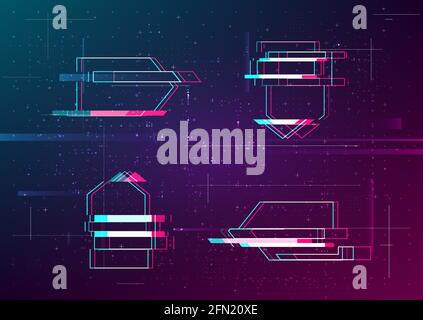 Set of vector futuristic cyberpunk glitch arrows. Modern glowing pointers with distortion effect. Good for design promo electronic music events, game Stock Vector